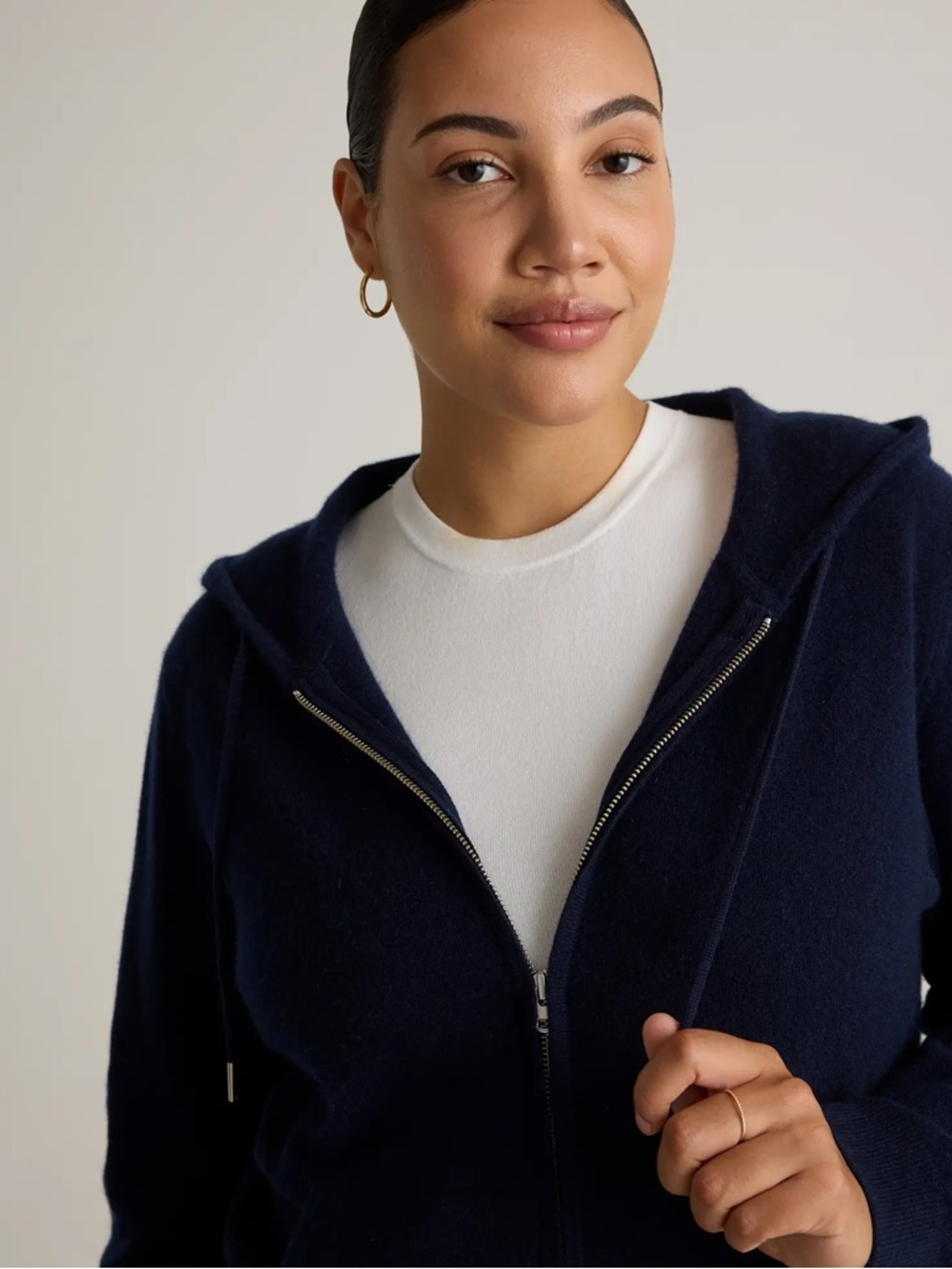 NWT Quince Mongolian Cashmere Zip Front Sweater Hoodie-Navy Med - Picture 4 of 6